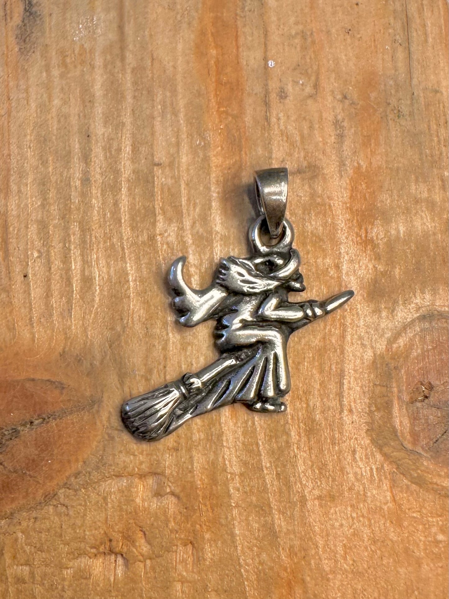 Witch Riding Broomstick 925 Sterling Silver Pendant