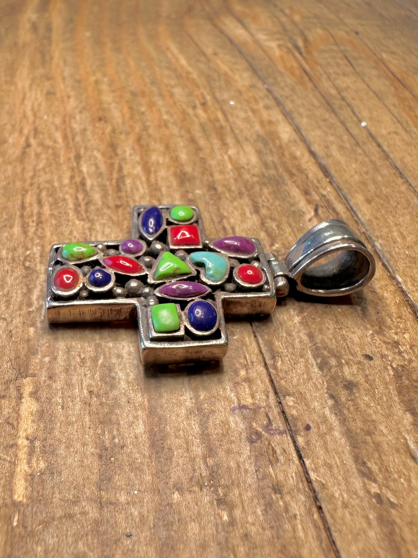 Multi Gemstone Cross Mosaic 925 Sterling Silver Pendant