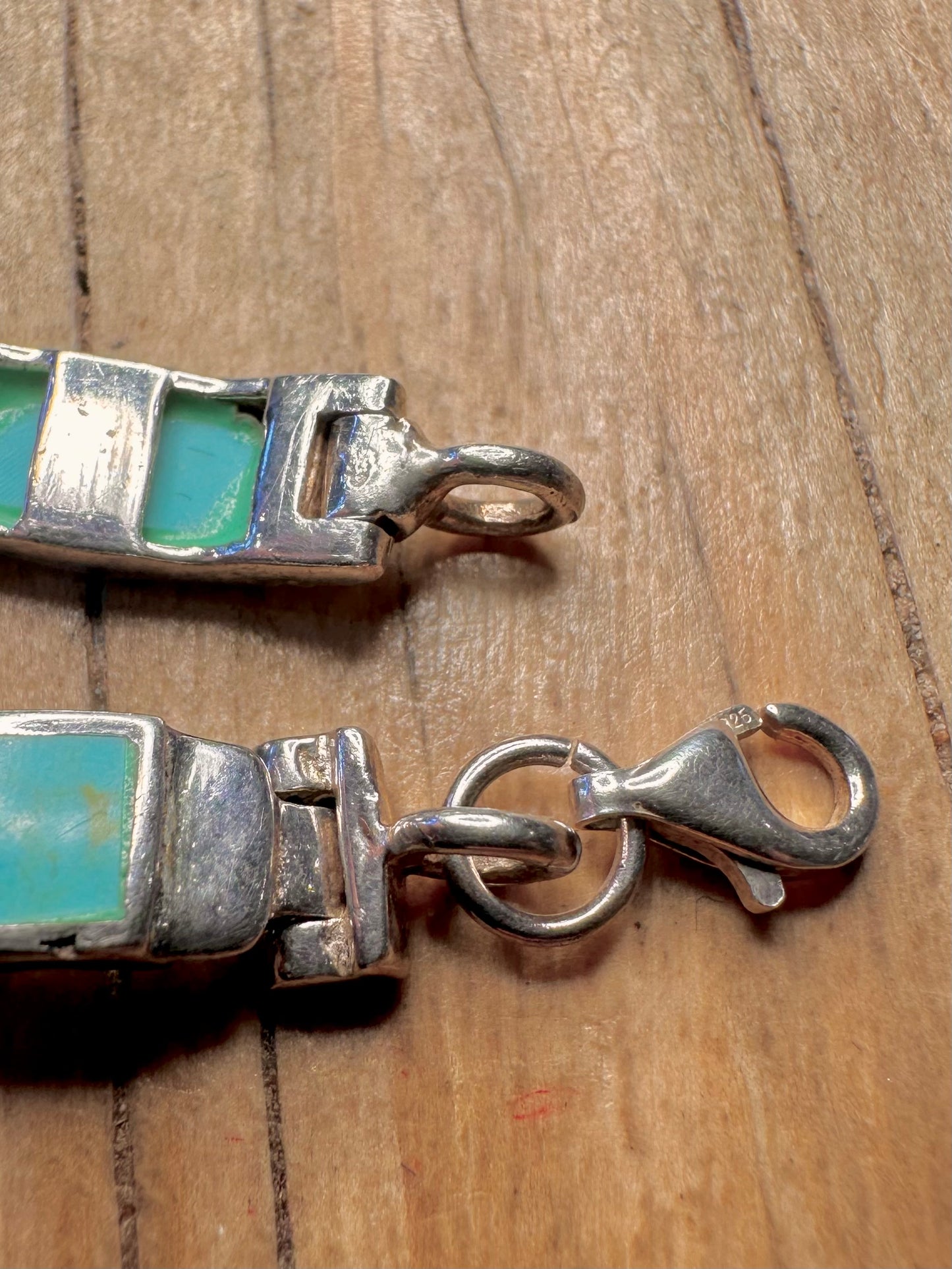 Vintage Turquoise Rectangle Links 925 Sterling Silver 7 inch Bracelet