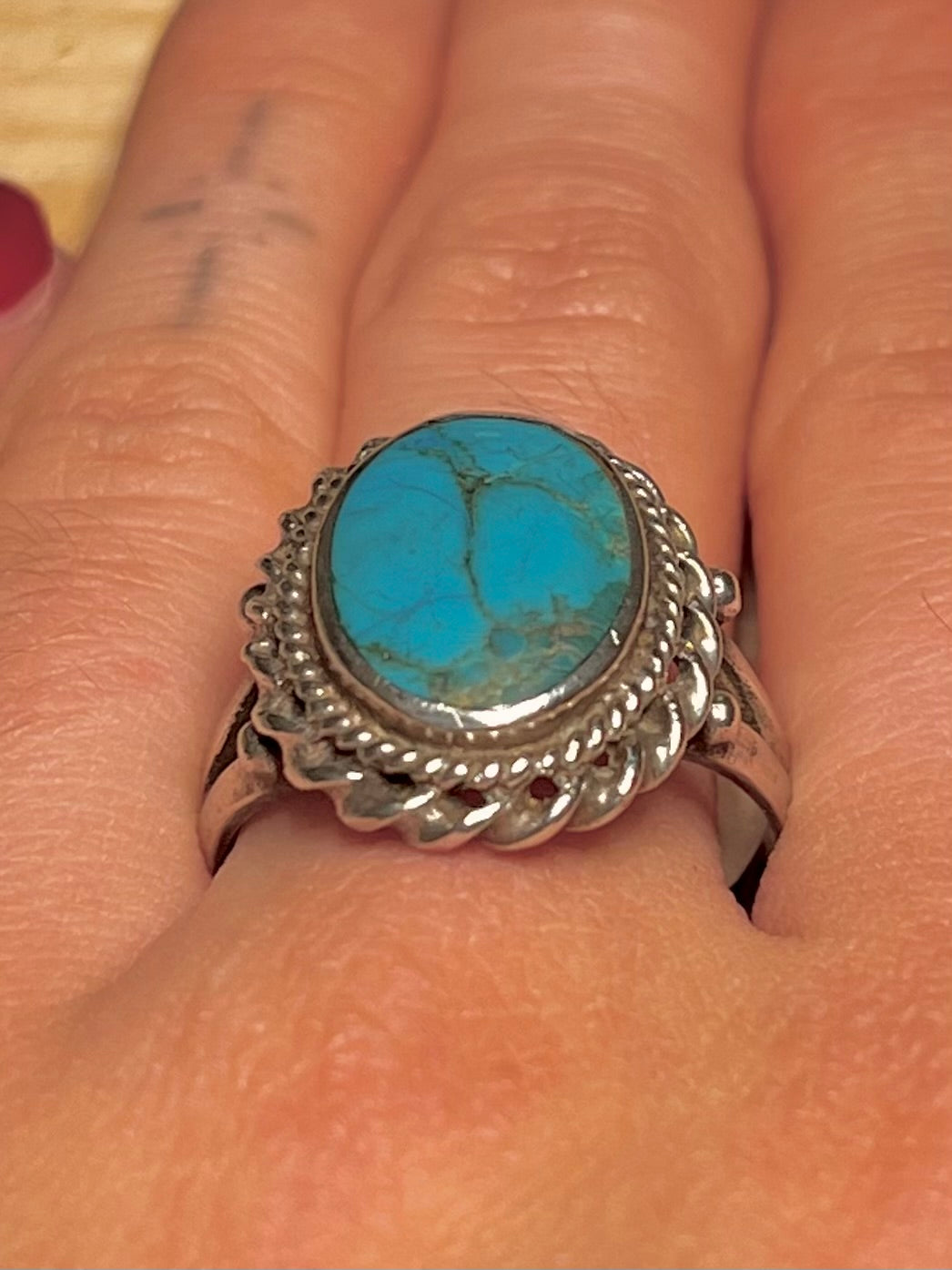 Navajo Style Turquoise Oval 925 Sterling Silver Size T1/2 Ring