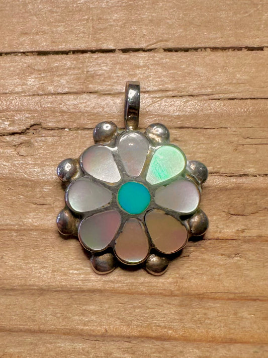 Vintage Zuni Mother of Pearl And Turquoise Maker Benina Kallestewa 925 Sterling Silver Pendant