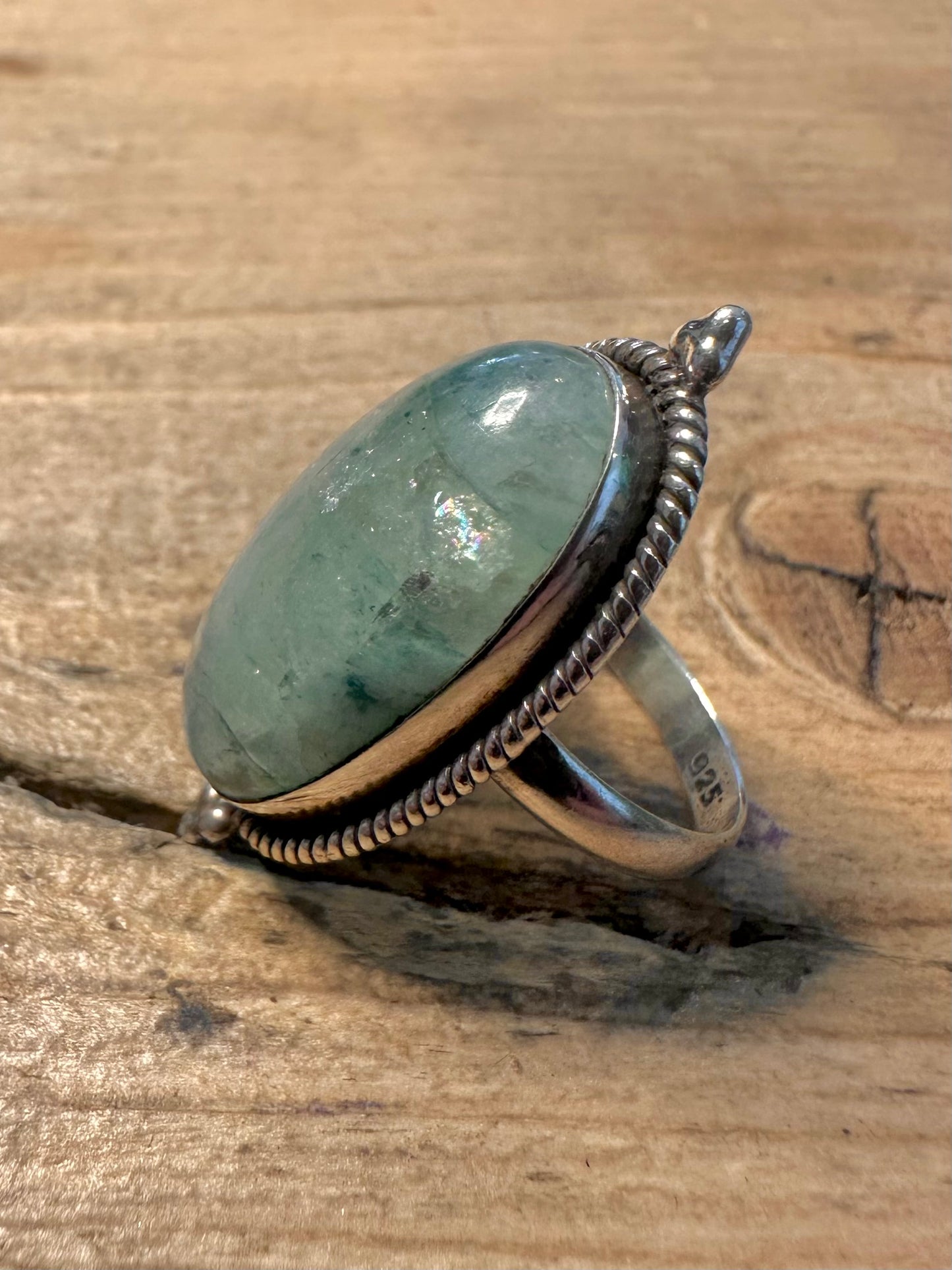 Vintage Green Quarts Oval 925 Silver Size L Ring