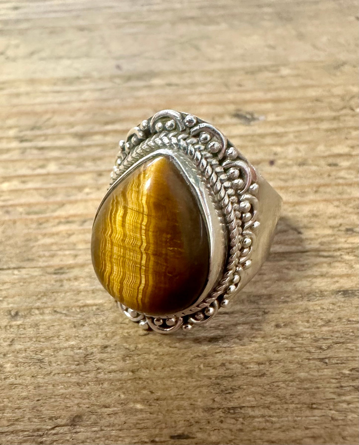 Vintage Tribal Tigers Eye 925 Silver Size N Ring