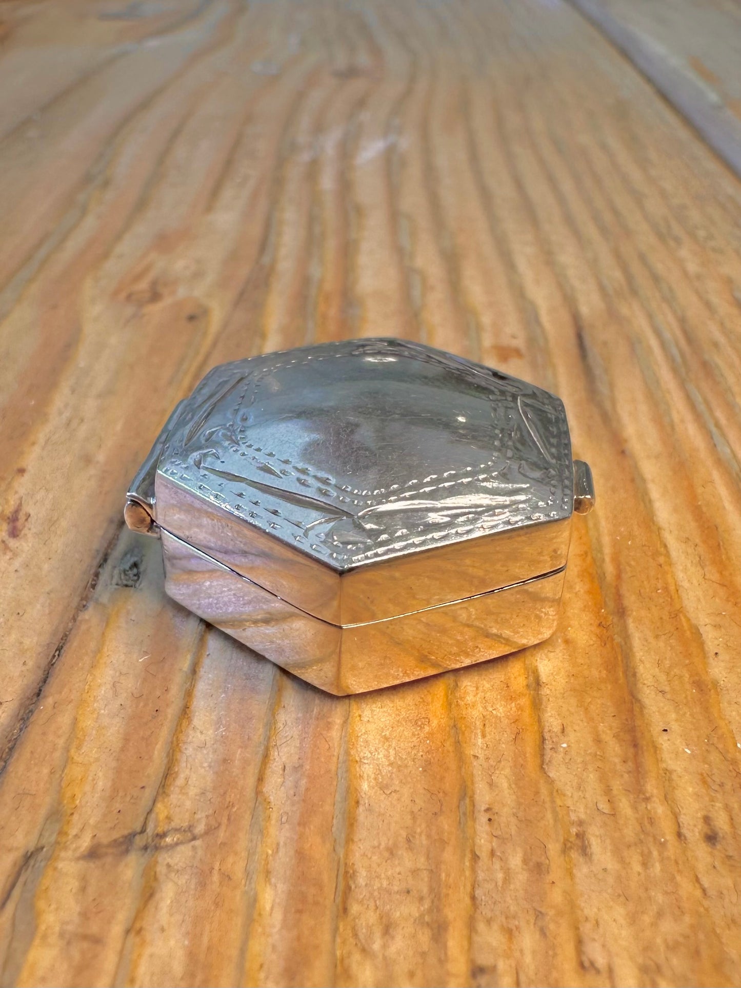 Engraved Hexagon Pill Box 925 Sterling Silver Collectable