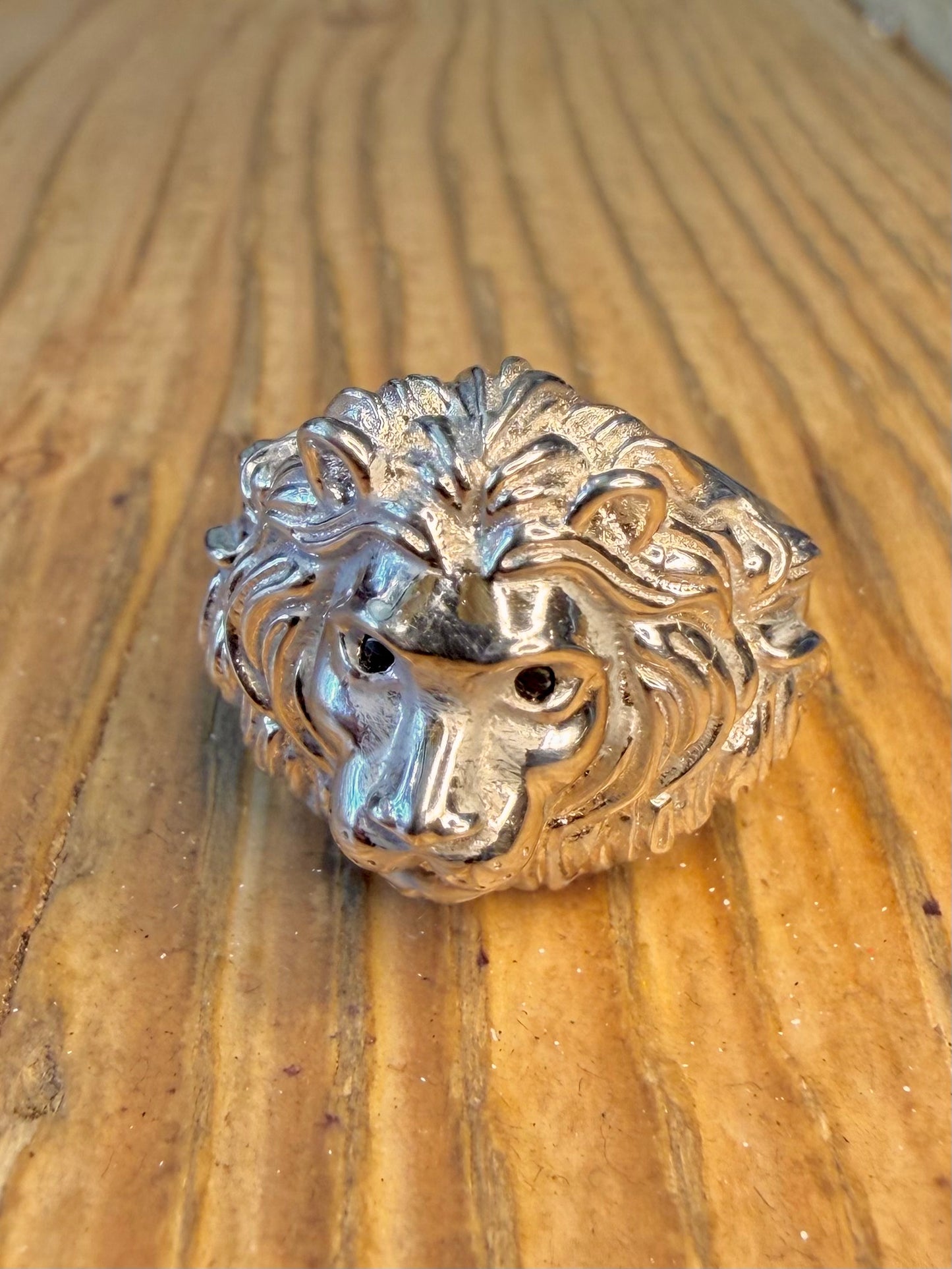 Lion Head Black Stone Eyes 925 Sterling Silver Size O1/2 Ring