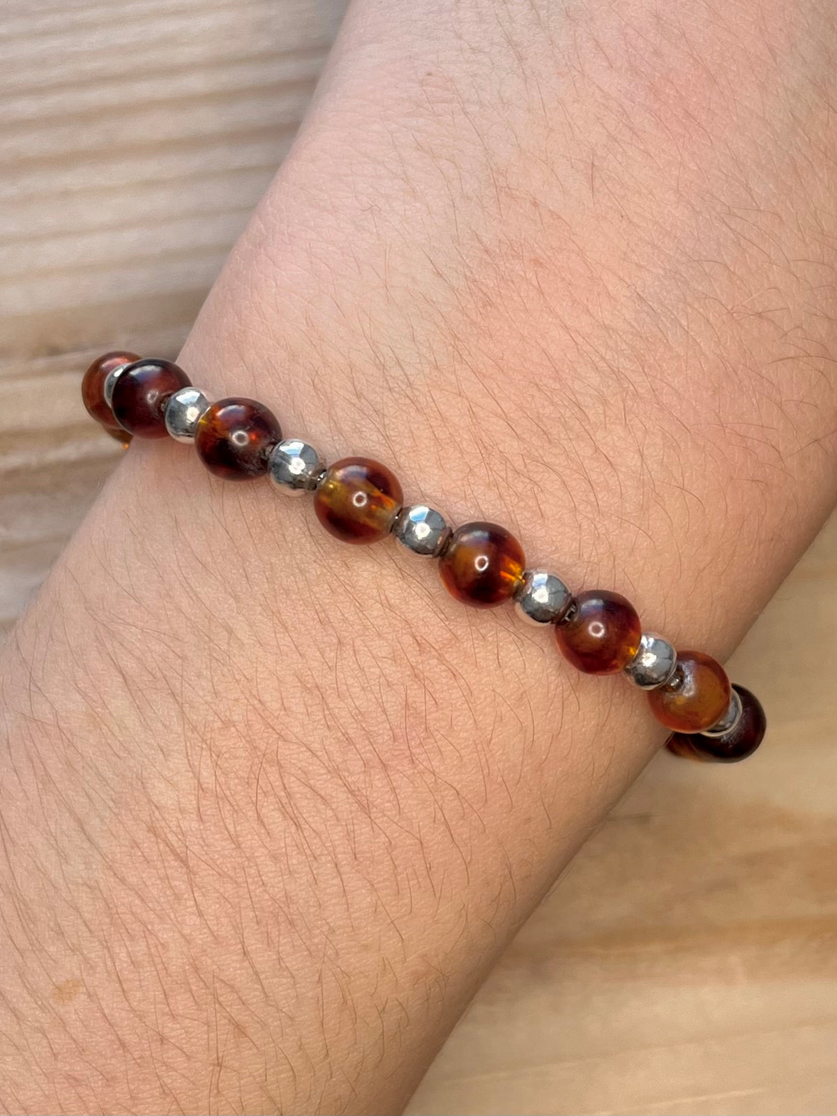 Amber Bead and Silver Balls 925 Sterling Silver 7.5 Inch Bracelet