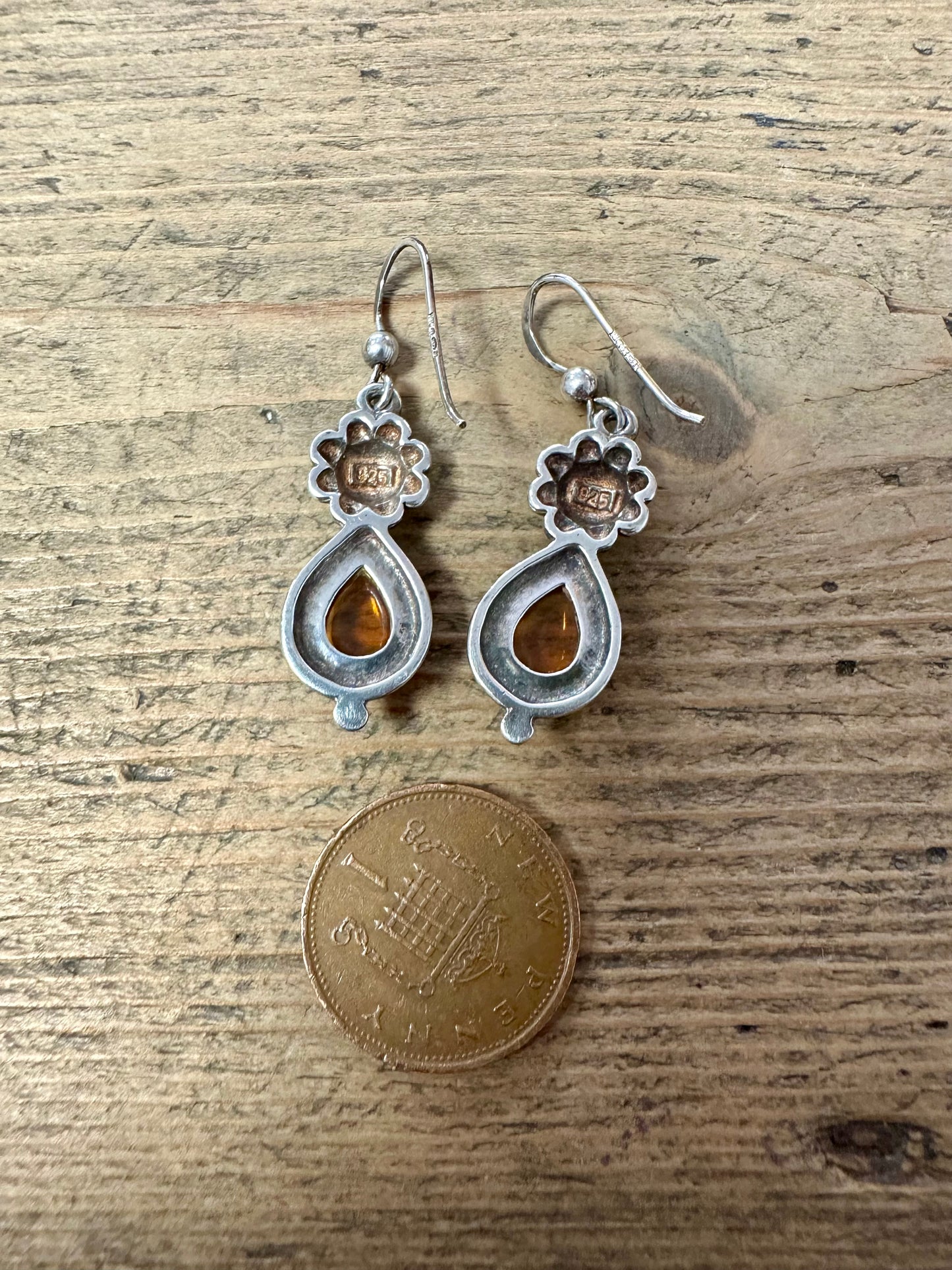 Vintage amber Flower 925 Silver Earrings