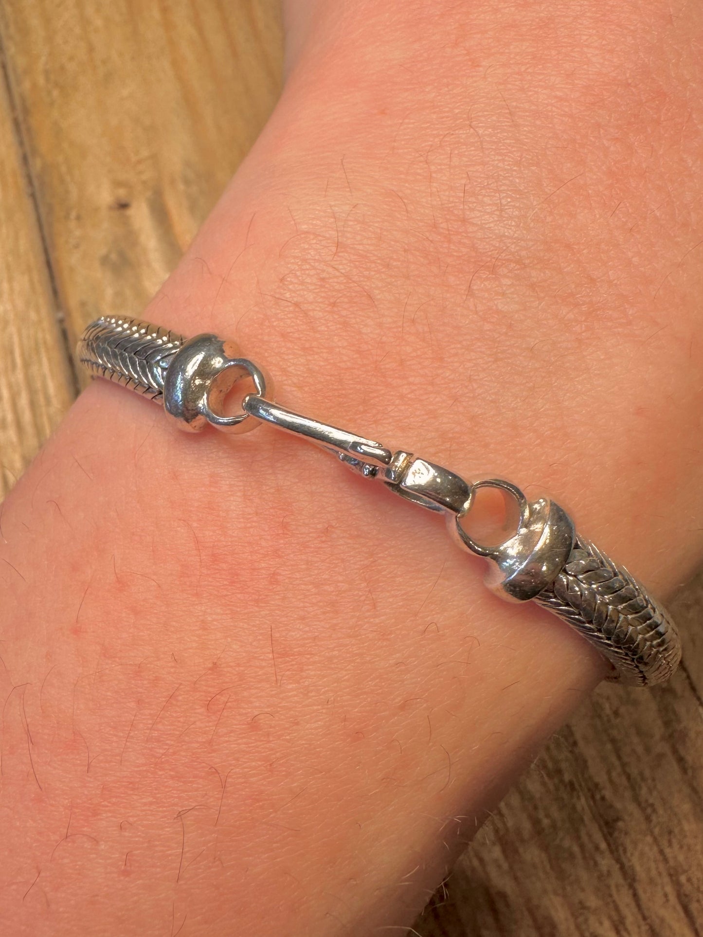 Vintage Rounded and Flat Snake Chain Hook Clasp 925 Sterling Silver 8.3 inch Bracelet