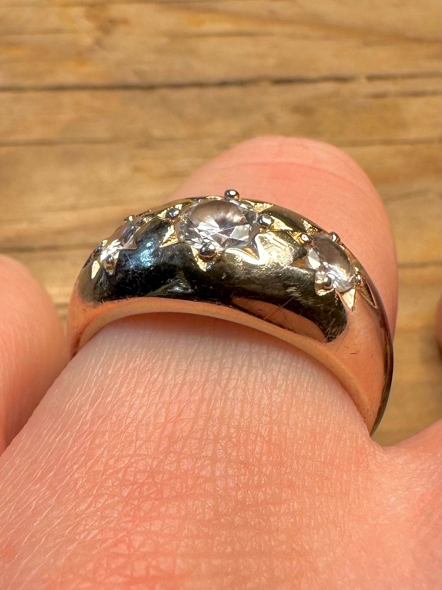 Vintage Gypsy Three White CZ Gold on 925 Sterling Silver Size R Ring
