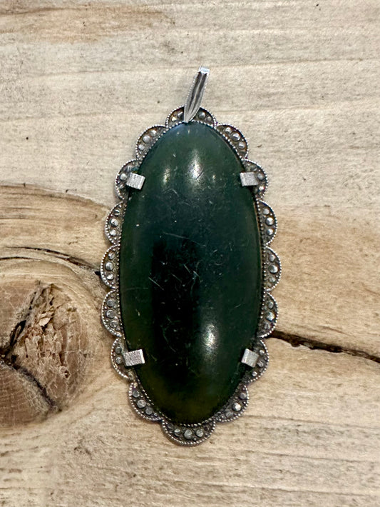 Vintage Oval Jade and Marcasite 800 Silver Pendant