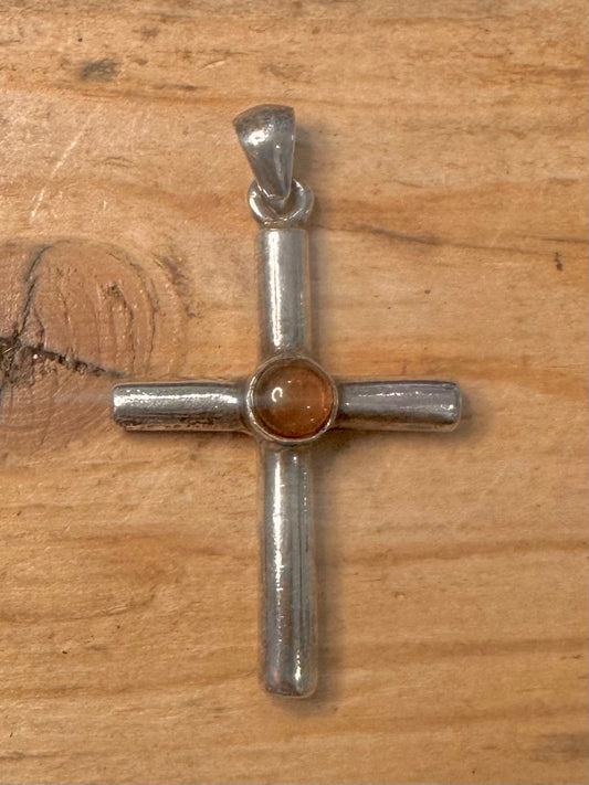 Vintage Orange Stone Cross 925 Silver Pendant