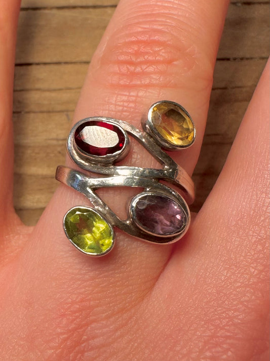 Abstract Multi Gemstone 925 Sterling Silver Size Q Ring