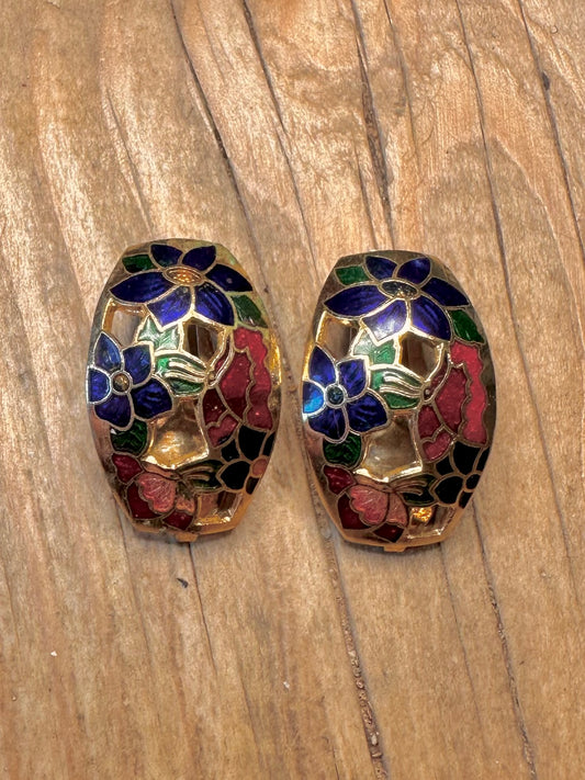 Vintage Cloisonné Enamel Flower Gold Tone Clip on Costume Earrings