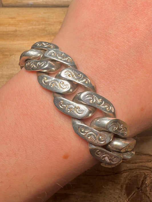 Vintage 1977 Heavy Chunky Engraved Curb Chain 925 Silver 7.5 inch Bracelet