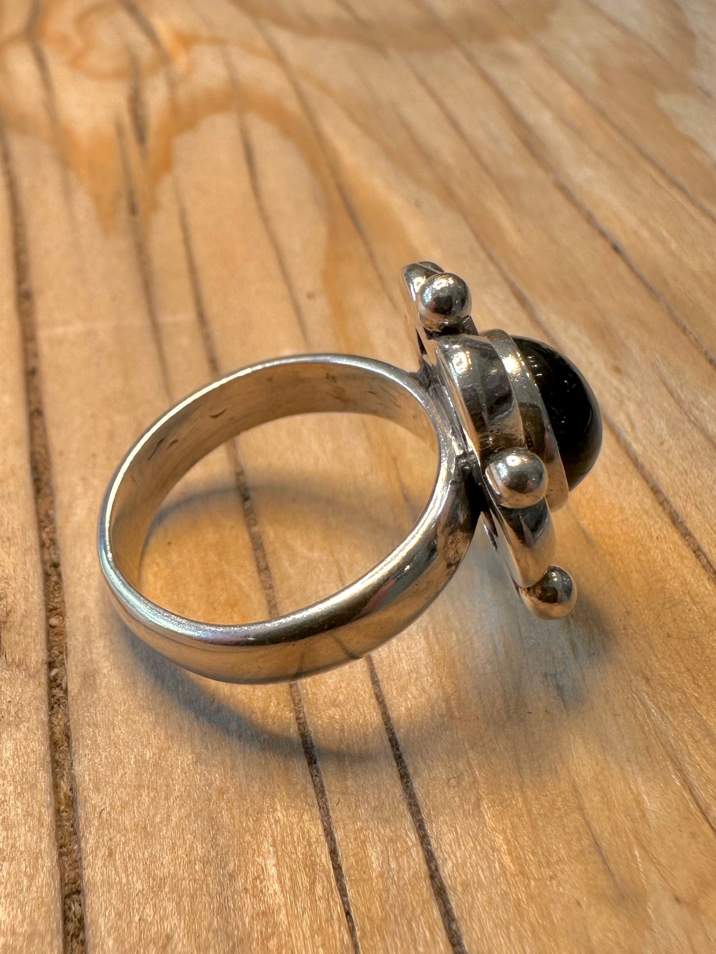 Vintage Black Stone Flower 925 Silver Size N Ring