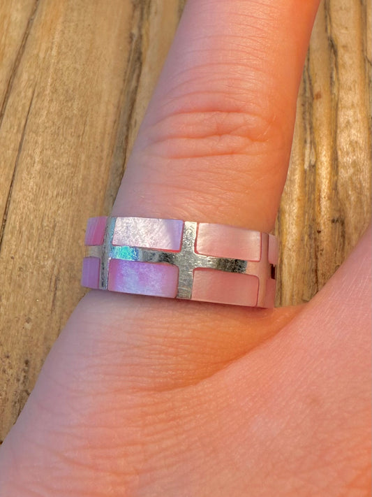 Pink Mother of Pearl Inlay Band 925 Sterling Silver Size P Ring