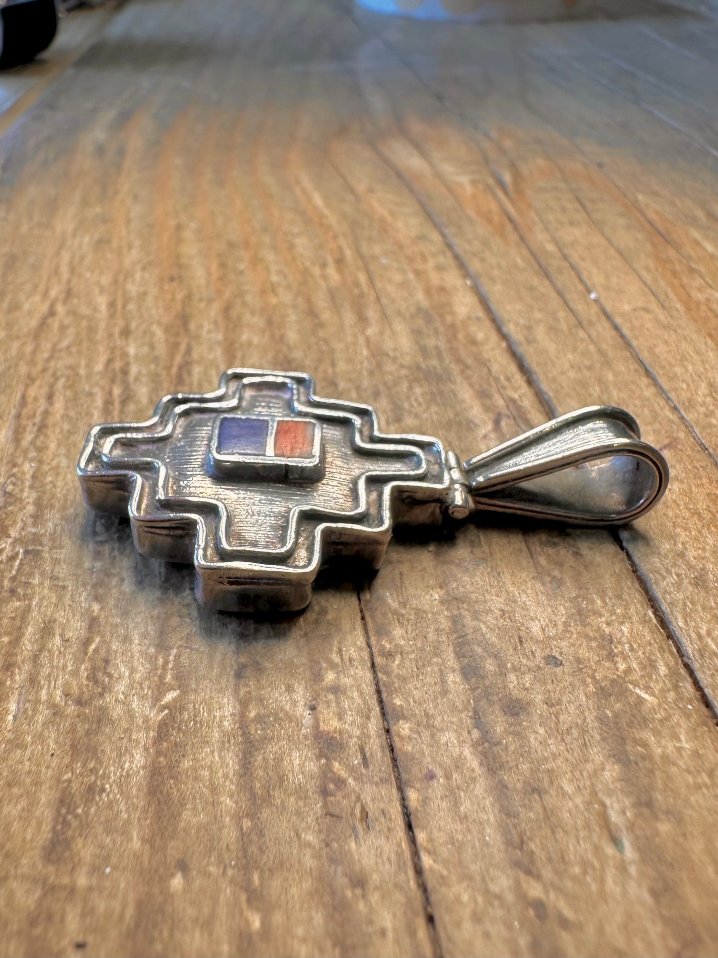 Unique Coral and Lapis Cross 950 Silver Pendant