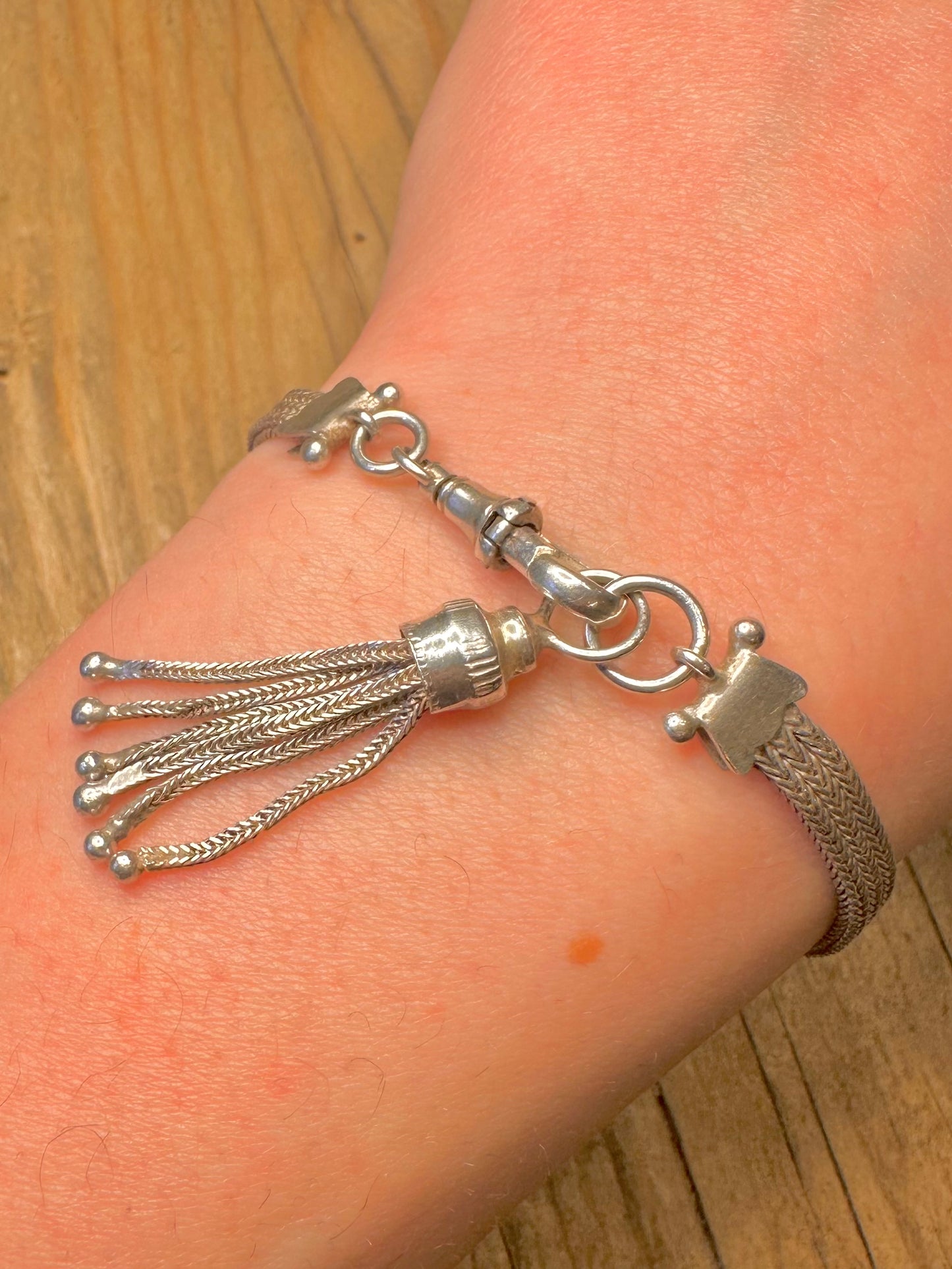 Vintage Albertina-Armband im viktorianischen Stil, gewebte Stränge, Albert-Verschluss mit Quaste, 925er Sterlingsilber, 19 bis 19,8 cm