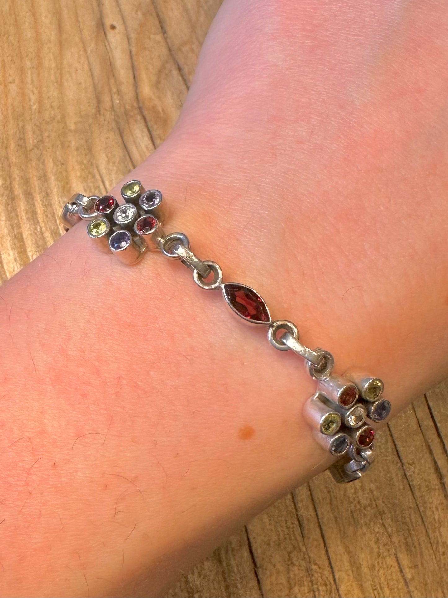 Vintage Multi Gemstone 925 Sterling Silver 7.6 inch Bracelet