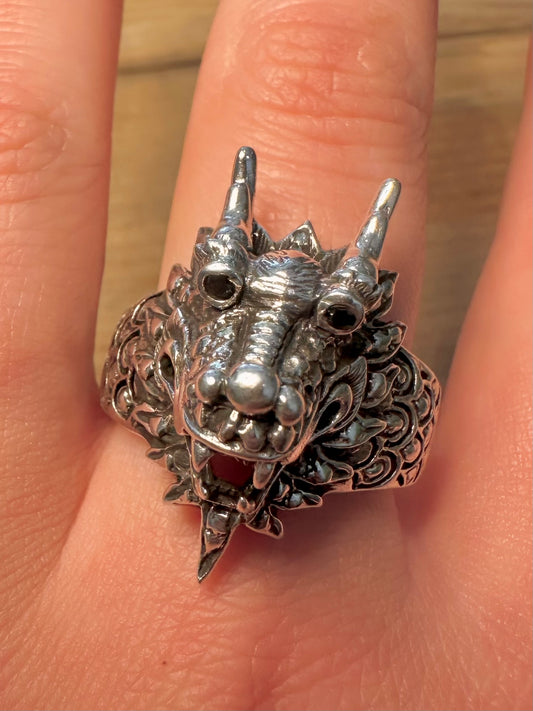 Vintage Dragon Head Black Stone Eye 925 Silver Size Y Ring
