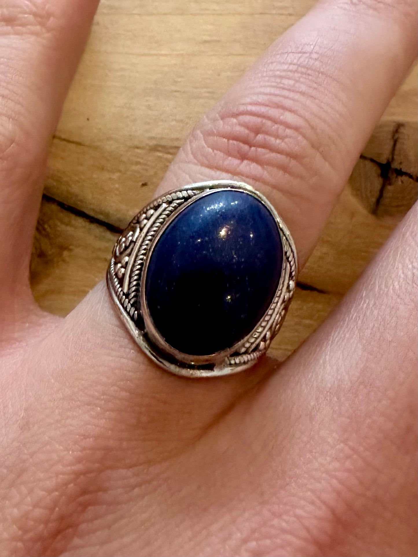 Vintage Tribal Lapis Oval 925 Silver Size Q Ring