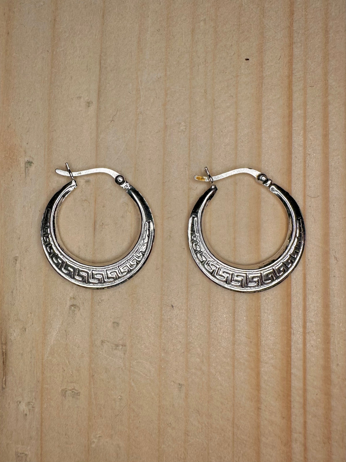 Engraved Greek Hoop 925 Sterling Silver Earrings