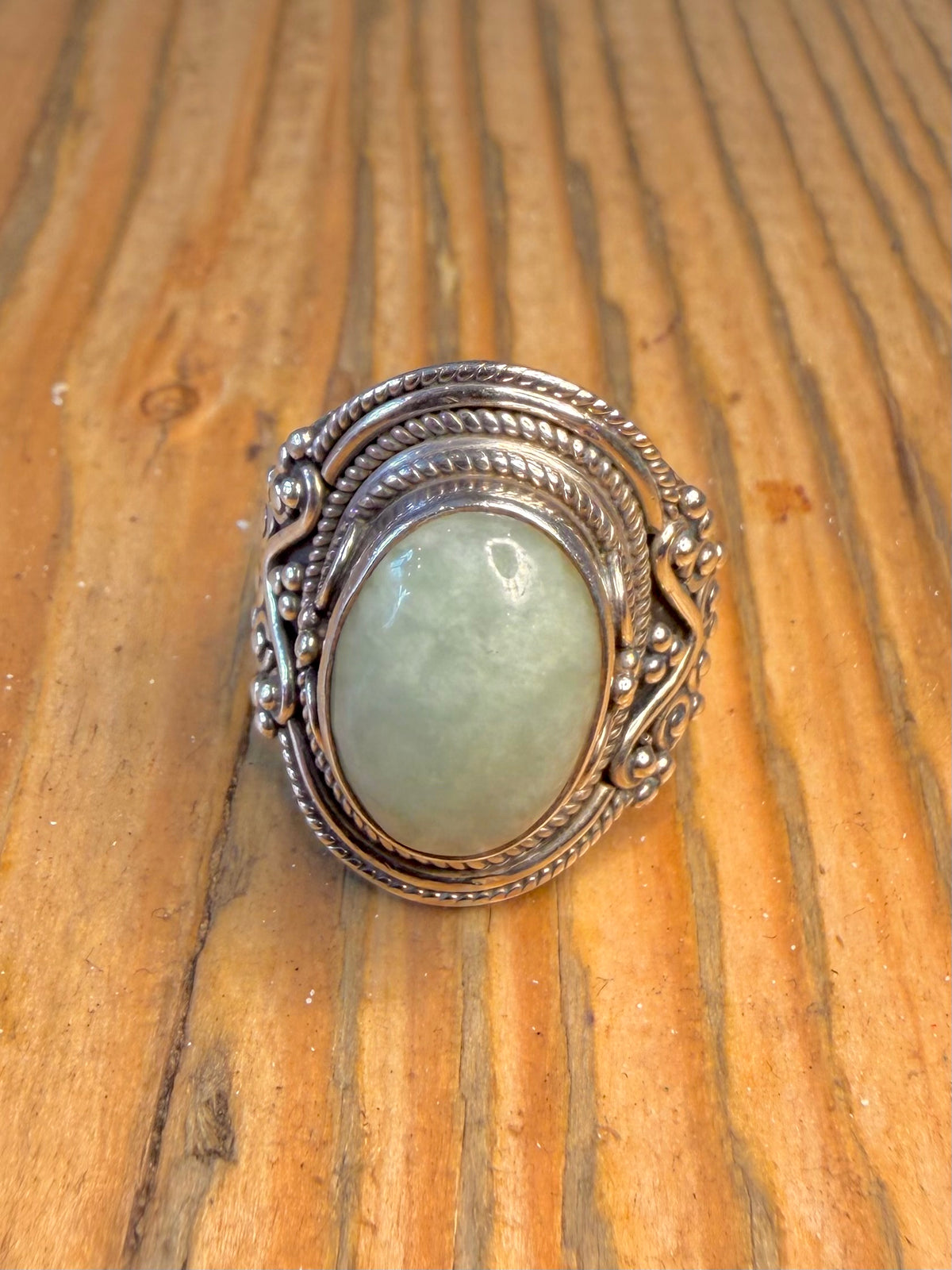 Ornate Jade Boho Style 925 Sterling Silver Size P Ring