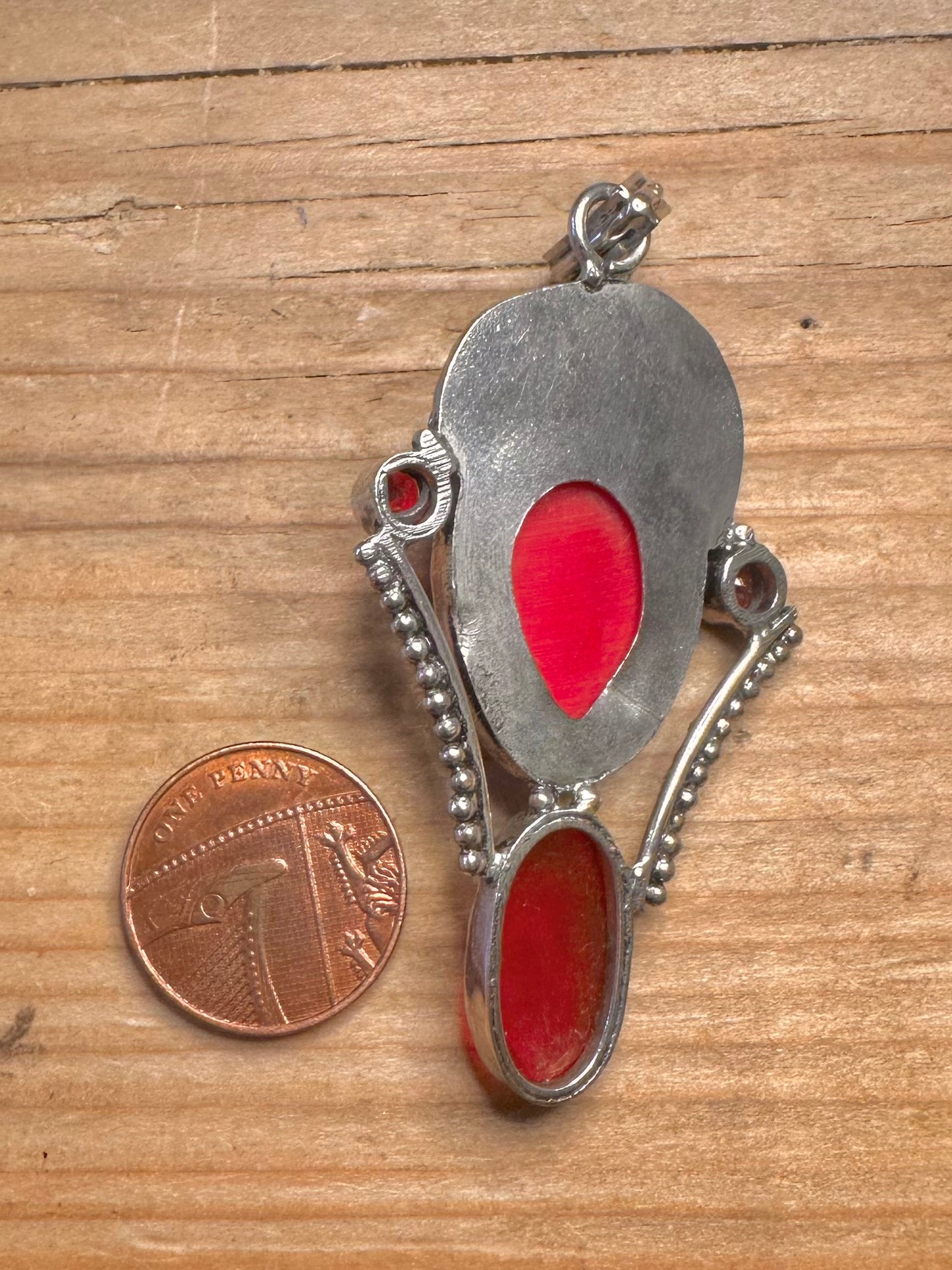 Vintage Bali Moon Goddess Red Stone 925 Sterling Silver Pendant