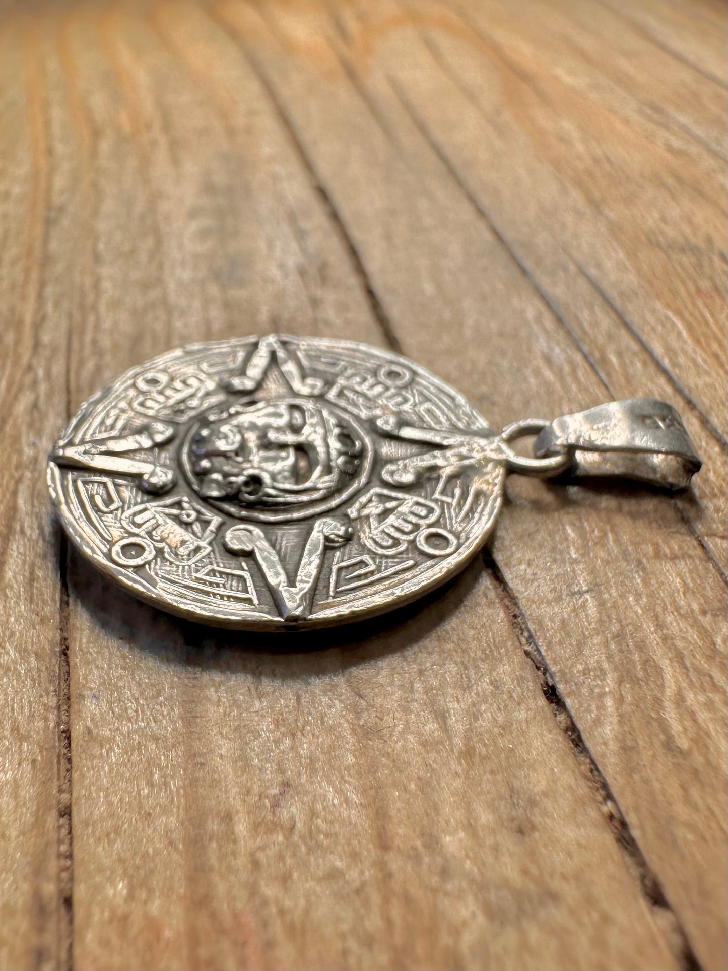 Vintage Aztec Sun Calendar 925 Sterling Silver Pendant