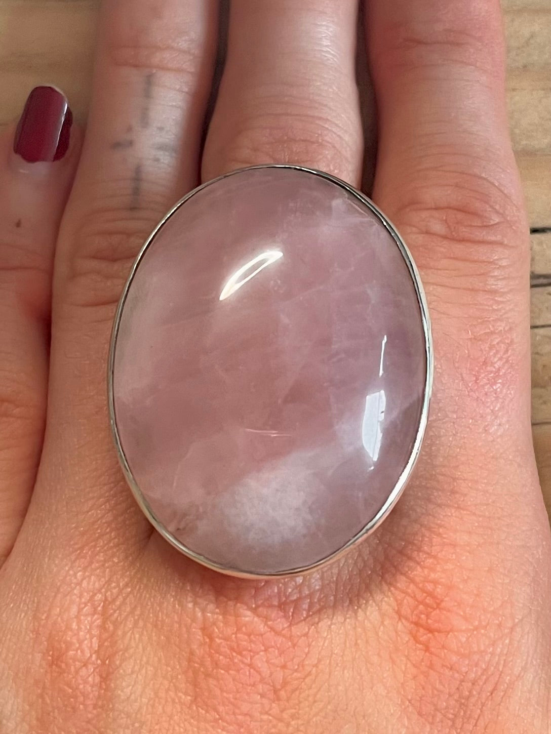 Large Rose Quartz 925 Sterling Silver Size N Ring