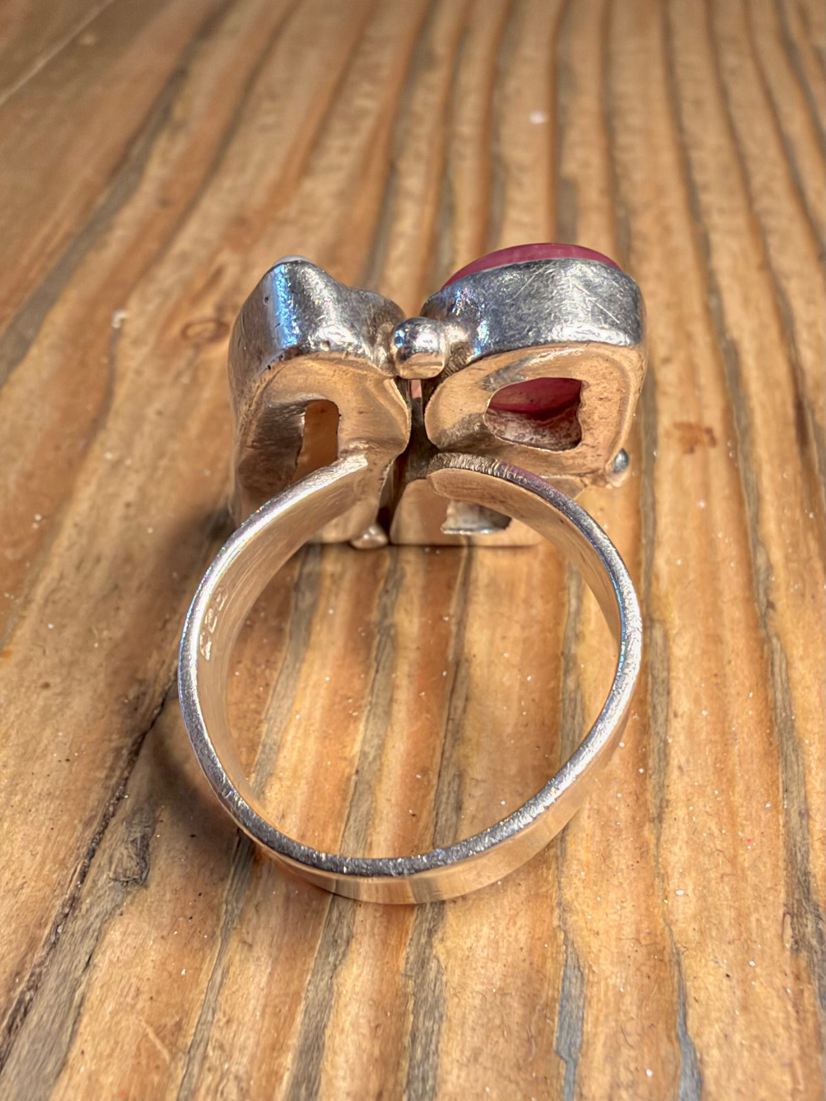 Mother of Pearl Rose Quarts and Red Stone 925 Sterling Silver Size N Ring