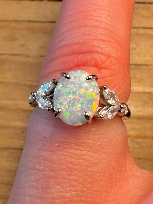 Vintage Opal and White CZ 925 Sterling Silver Size I Ring