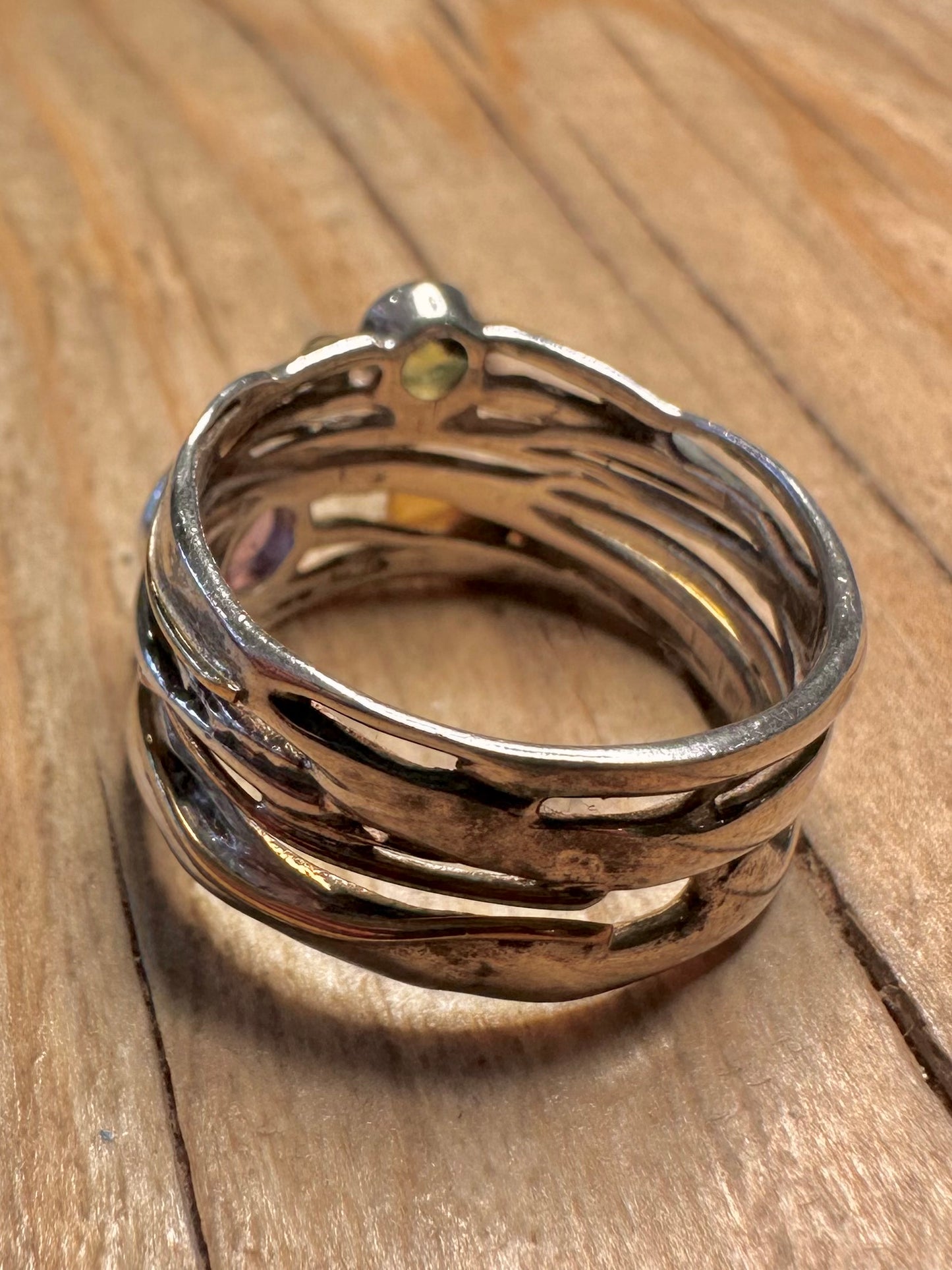 Abstract Multi Gemstone Gold Plate Parts 925 Sterling Silver Size R Ring