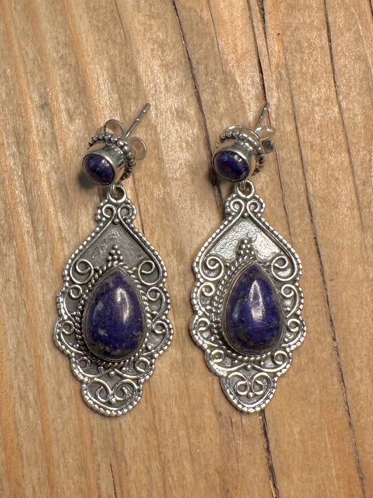 Vintage Lapis Ornate Dangle 925 Sterling Silver Earrings