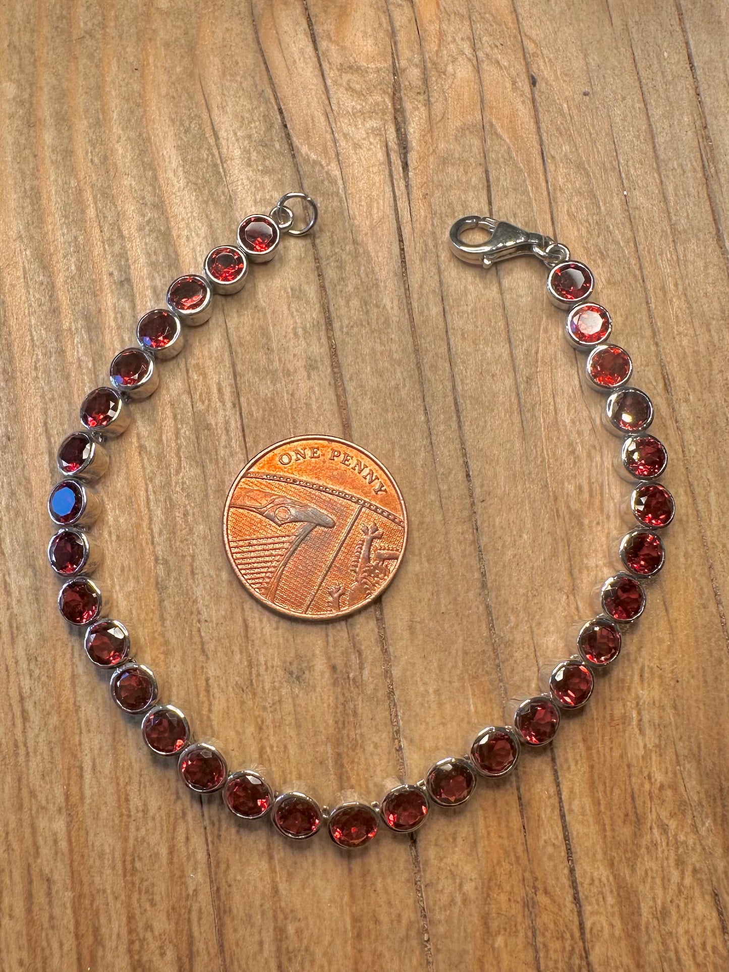 Modernist Red Stone Tennis 925 Sterling Silver 7.2 inch Bracelet