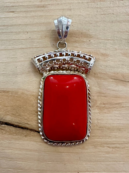 Vintage Large Red Ornate 925 Silver Pendant