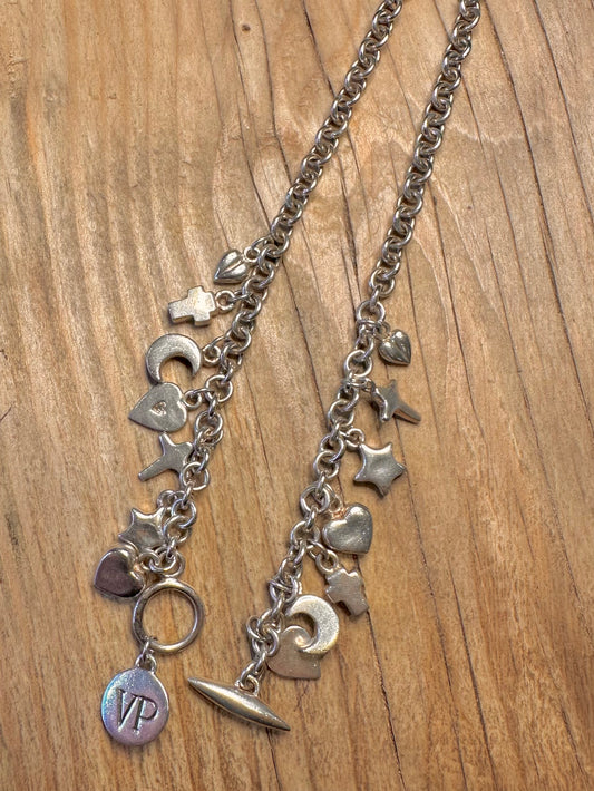 Vintage Van Peterson Belcher Cross Star Moon Charm 925 Sterling Silver 16.2 inch Necklace