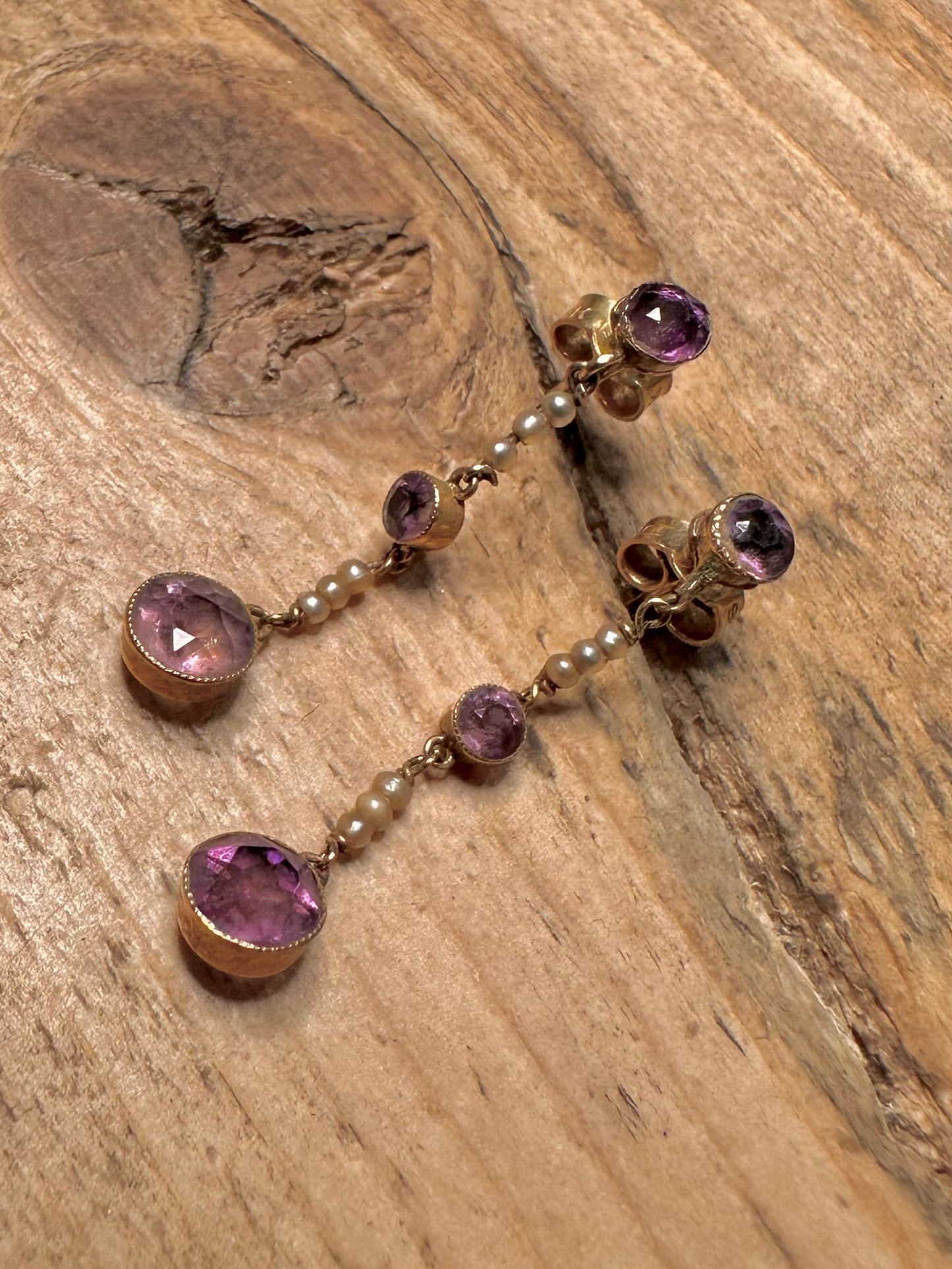 Vintage 9ct Gold Amethyst and Pearl Earrings