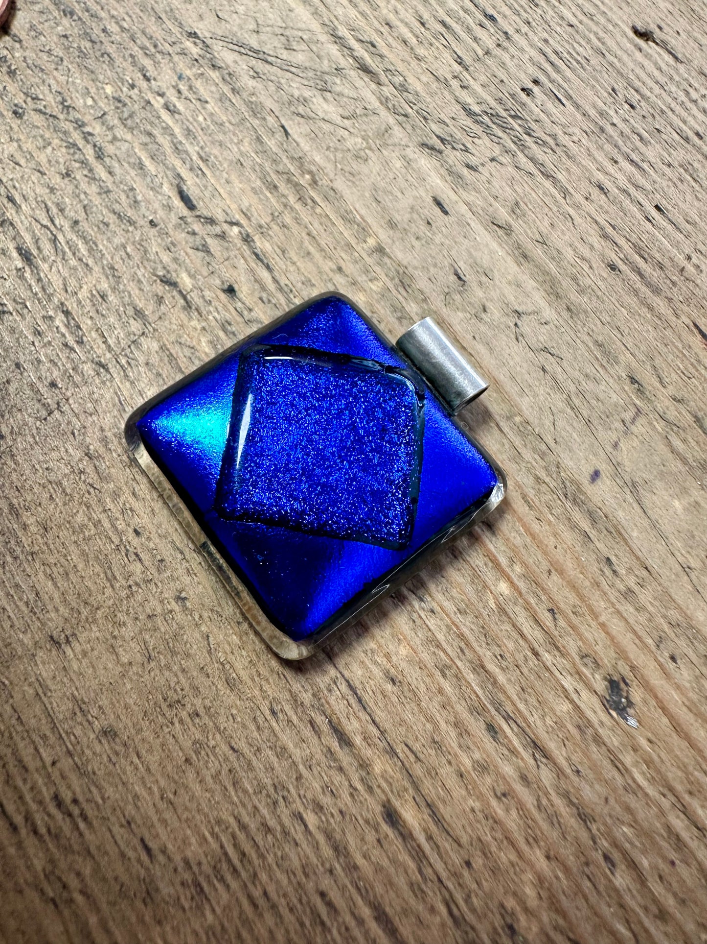 Vintage Glass Blue Square 925 Silver Pendant