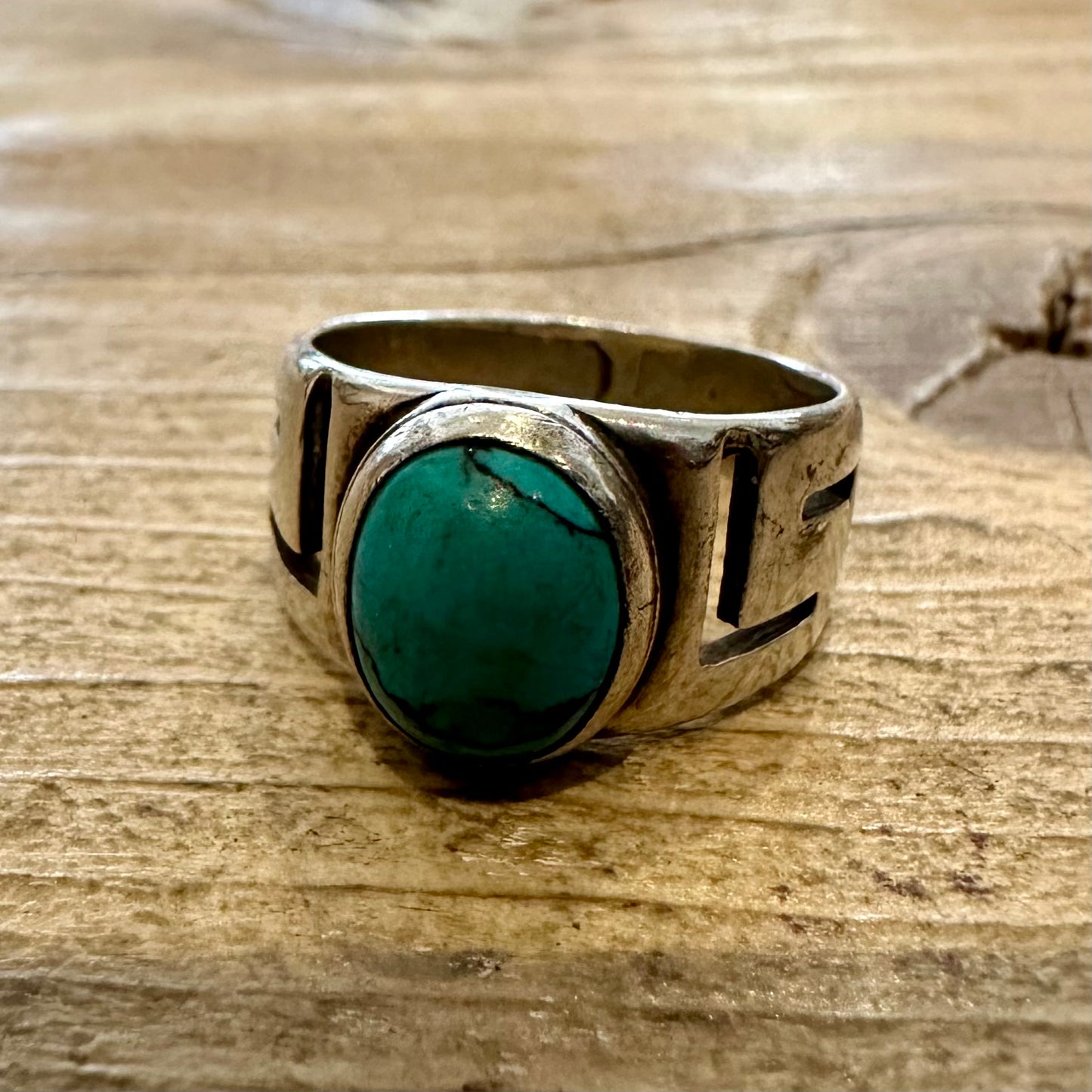 Vintage Turquoise Greek Key Style 925 Silver Size L Ring