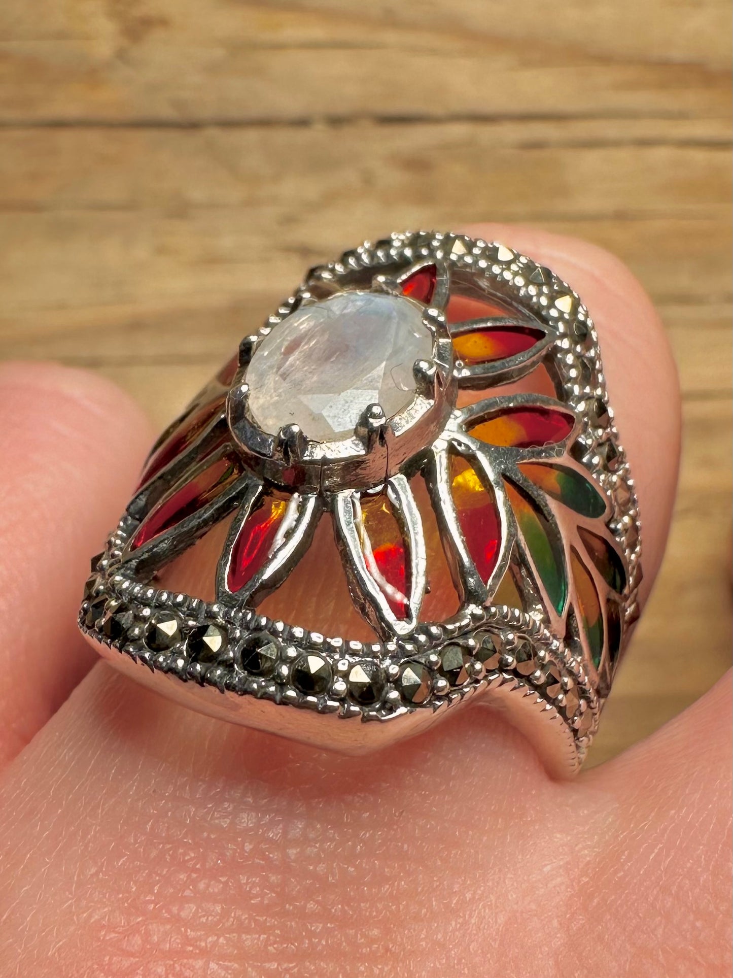 Vintage Moonstone Multi Coloured Stones and Marcasite Floral 925 Sterling Silver Size R Ring