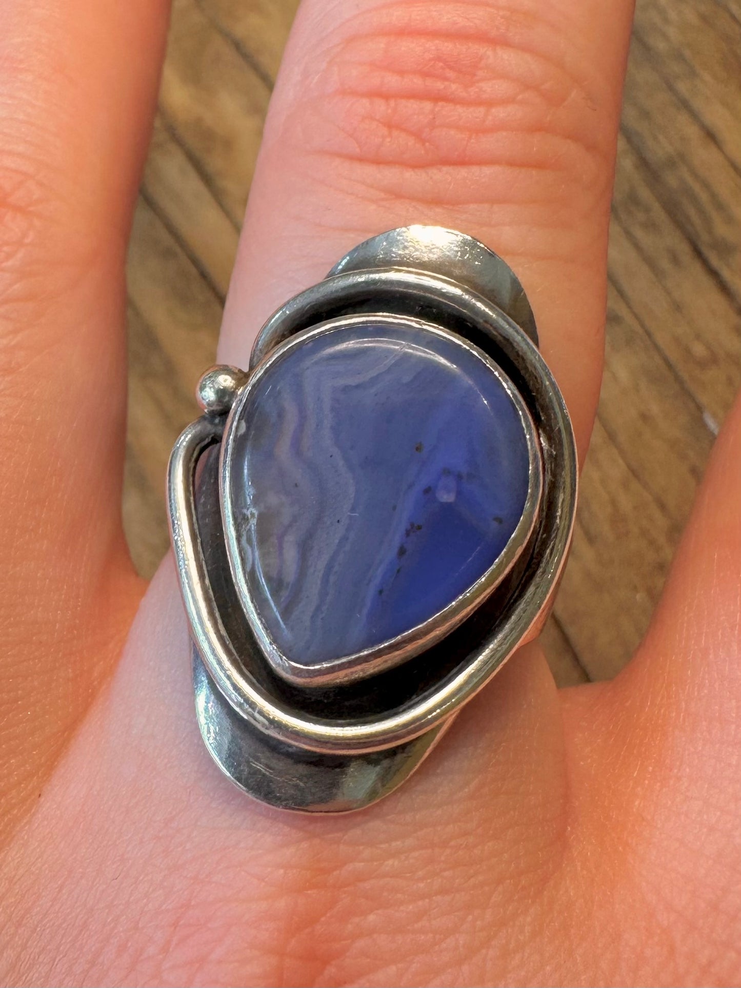 Abstract Teardrop Shaped Blue Laced Agate 925 Sterling Silver Size U1/2 Ring