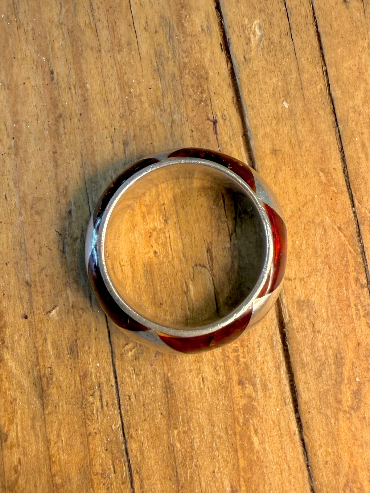 Amber Rounded Inlay Band 925 Sterling Silver Size P Ring