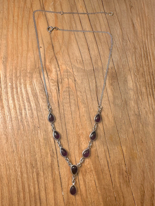 Vintage Amethyst Tear Drop 925 Sterling Silver 15.5 to 17.5 inch Necklace