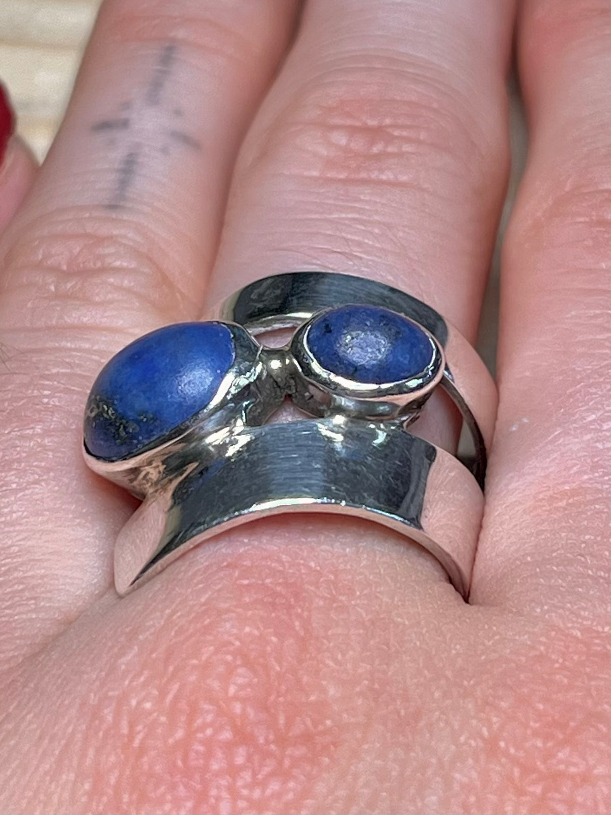 Abstract Double Lapis Lazuli 925 Sterling Silver Size N Ring