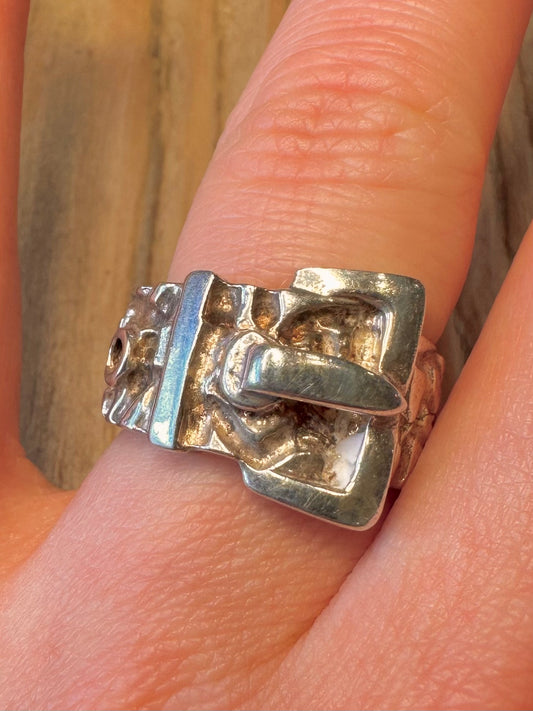 Vintage Chunky Textured Buckle 925 Sterling Silver Size Q Ring