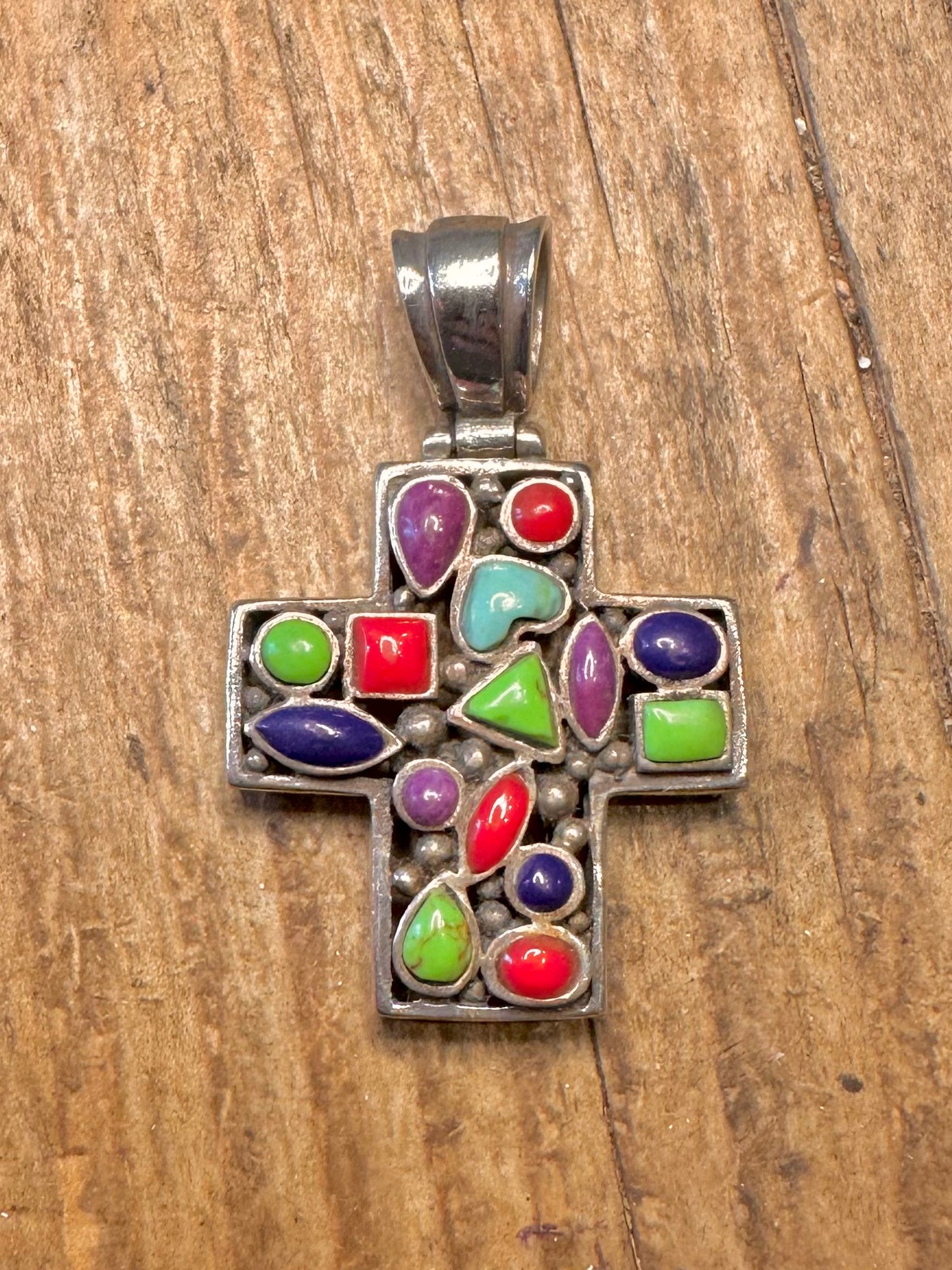 Multi Gemstone Cross Mosaic 925 Sterling Silver Pendant