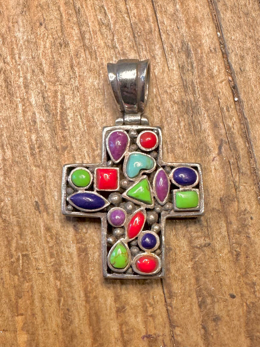 Multi Gemstone Cross Mosaic 925 Sterling Silver Pendant