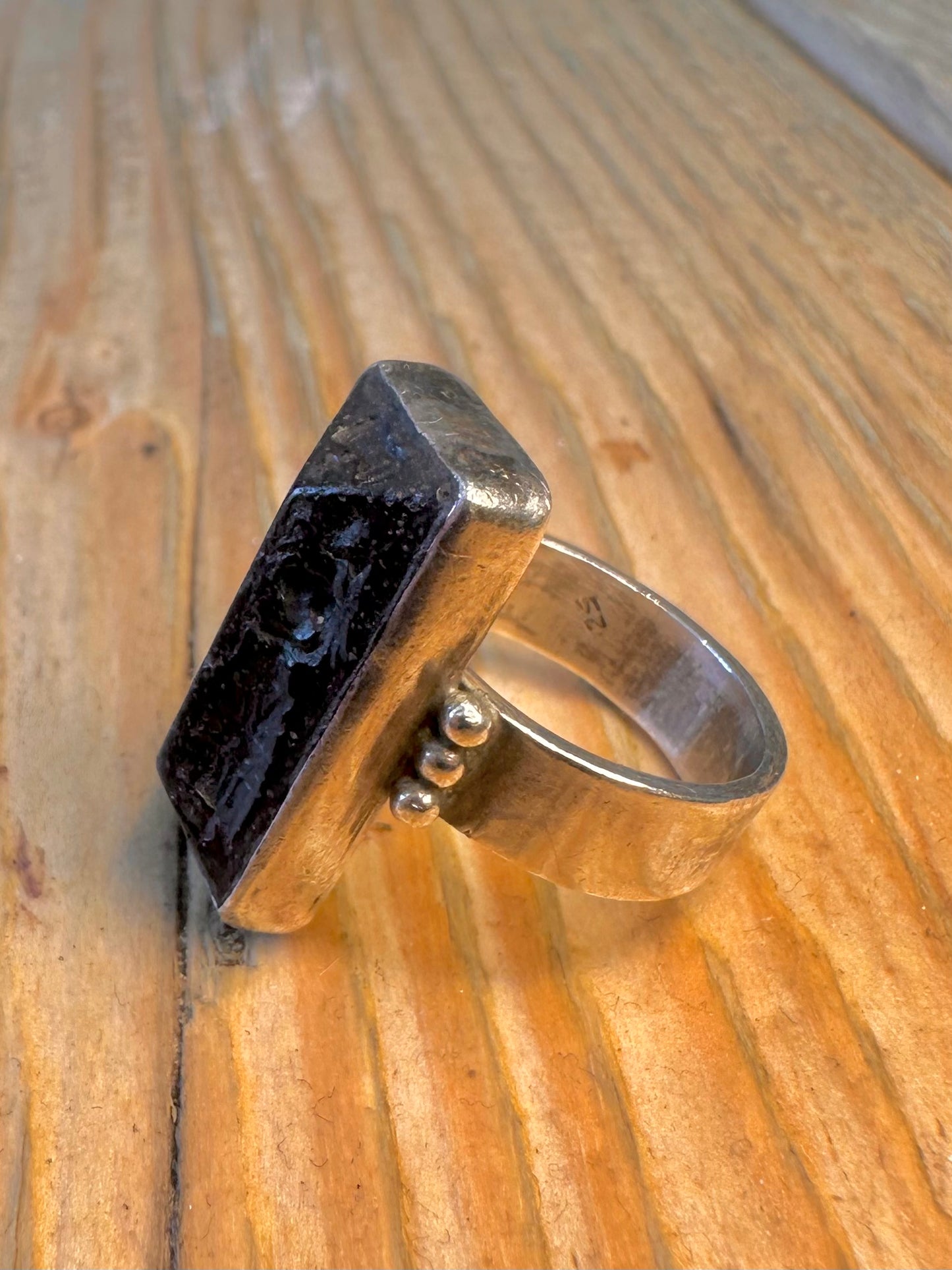 Black Stone Intricate Carved Figures 925 Sterling Silver Size L Ring