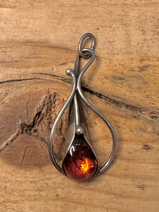 Modernist Amber 925 Silver Pendant